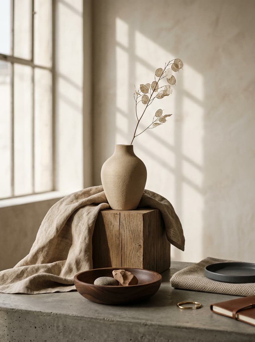 Considered everyday goods collection — luxury ceramic, linen and wood objects